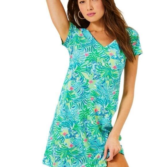 NWT Lilly Pulitzer Etta T-Shirt Dress Relaxed Fit Dress Teal, Turquoise Pink XXS - Picture 1 of 14